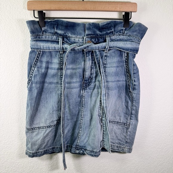 Free People Dresses & Skirts - Free‎ People Paperbag Waist Denim Skirt Blue Jean Tie Belt Pockets | Size 6